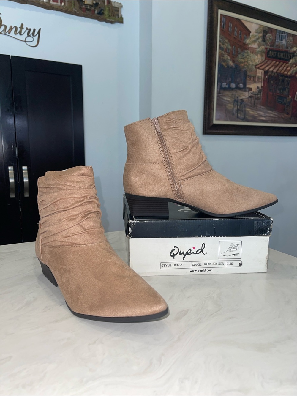 New! ✨ “Qupid” Women’s Taupe Ruched Suede Ankle Boots- Size 10 Last Pair!